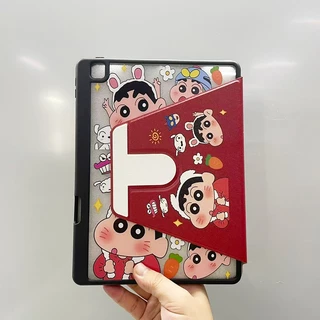 360° ฝาครอบ iPad เครยอนชินจังหมุนได้พร้อมที่วางปากกา, เคสกันกระแทกเต็มตัวสําหรับ iPad ทุกรุ่น, การออกแบบการ์ตูนสีแดง