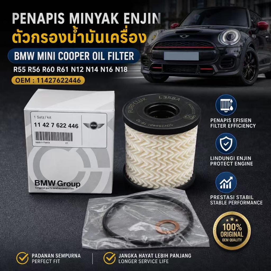 กรองน้ํามันเครื่อง BMW MINI COOPER R55 R56 R60 R61 N12 N14 N16 N18 11427622446