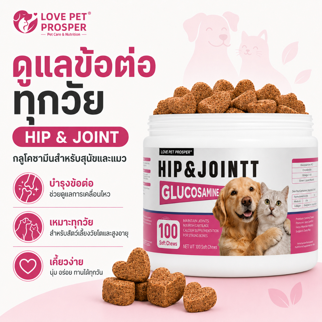Love Pet Prosper Hip&Joint อาหารเสริมบำรุงข้อสัตว์เลี้ยง ขนมบำรุงกระดูก เสริมแคลเซียม 100เม็ด