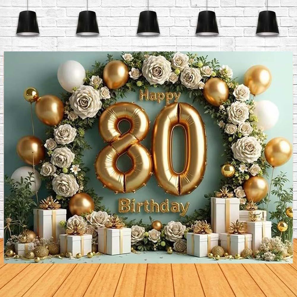 ทองและเงิน 80th Birthday Party แบนเนอร์ฉากหลังสีขาว Rose Gold บอลลูนและ Glitter 80 Happy Birthday ตั