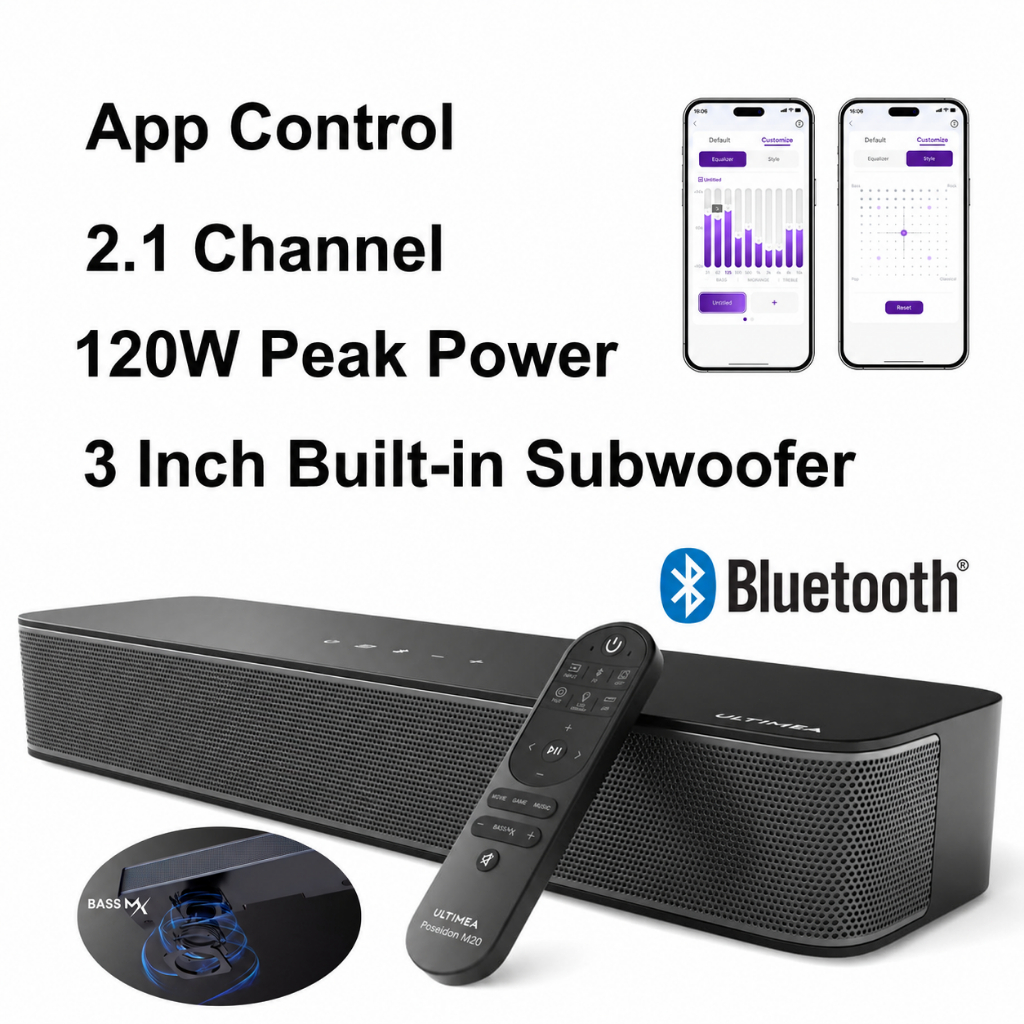 ULTIMEA Poseidon M20 Soundbar 2.1ch 120W | ซับวูฟเฟอร์ในตัว เบสหนัก | ออลอินวัน สำหรับ TV/PC | ควบคุมผ่าน APP | Bluetooth® 5.4