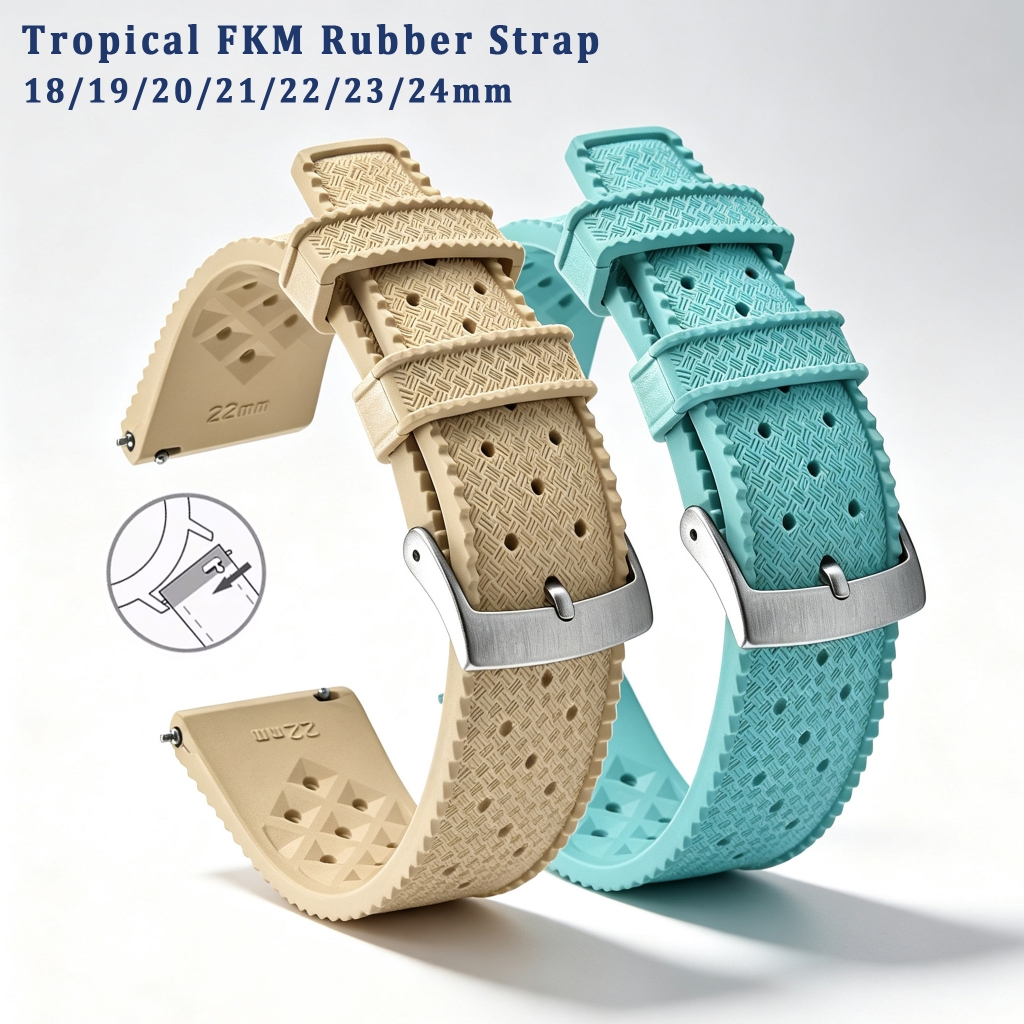 Breathable Tropical FKM ยางนาฬิกา 18/19/20/21/22/23/24 มม.กีฬา Quick Release สายยางสําหรับ Seiko Fossil Huawei Omega Universal ผู้หญิงผู้ชายสร้อยข้อมือ
