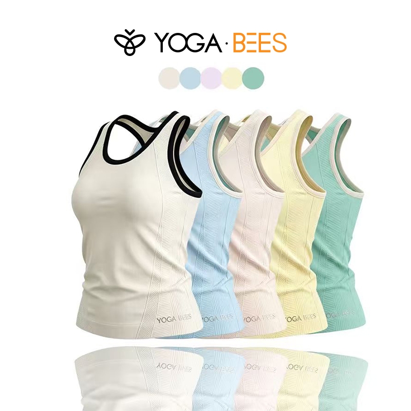 โยคะ BEES เสื้อกล้ามวิ่งคอกลมติดกระดุมสีไม่มีรอยต่อสําหรับผู้หญิงBuilt-in Pads, Slim-Fit, ยืด, ระบายอากาศได้, โยคะแขนกุด, ฟิตเนส, วิ่ง, กีฬา,