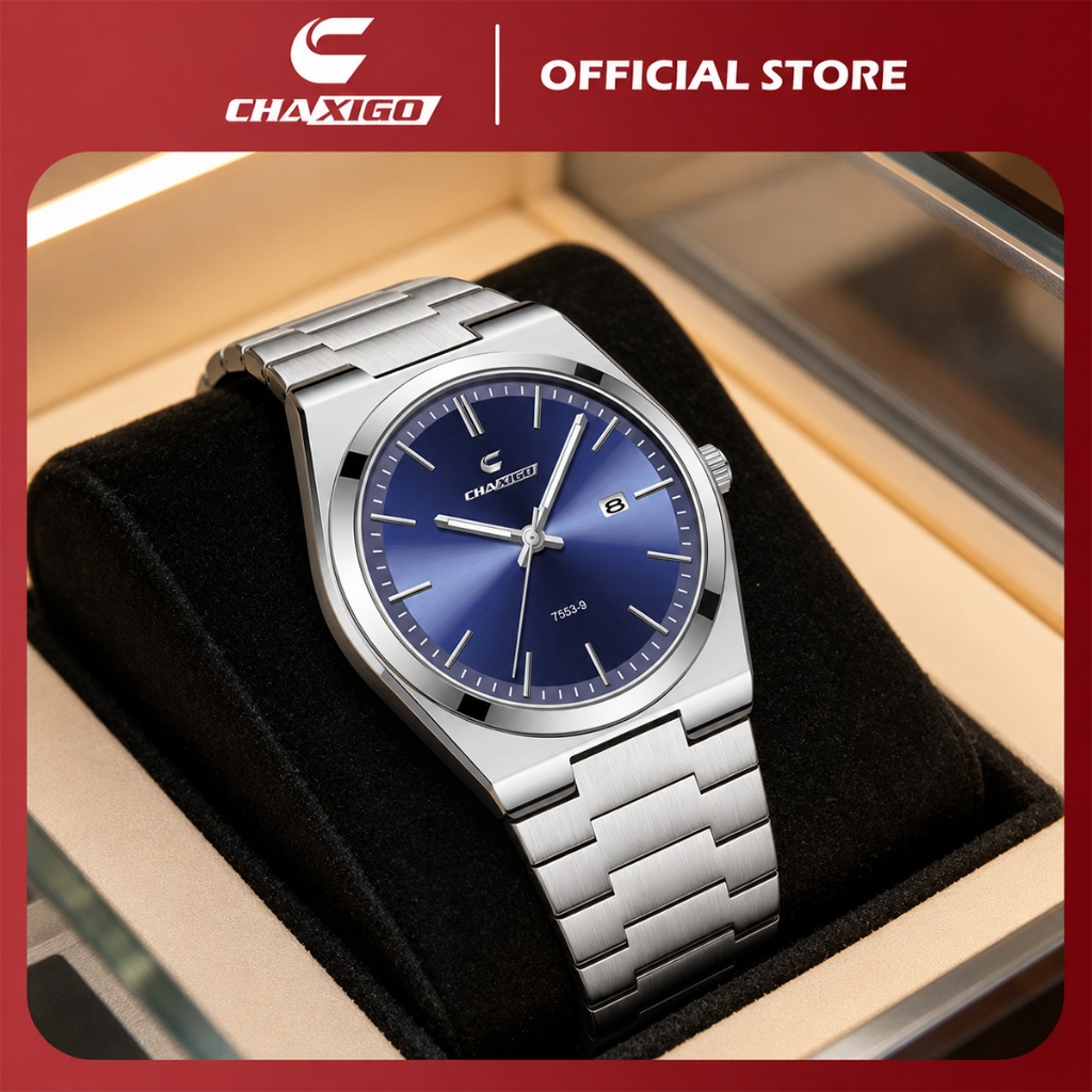 CHAXIGO นาฬิกาผู้ชาย กันน้ำ 100% ดีไซน์พรีเมียม สไตล์สปอร์ต ตัวเรือนสแตนเลส เรืองแสง แสดงวันที่และวัน พร้อมส่ง 7553-9