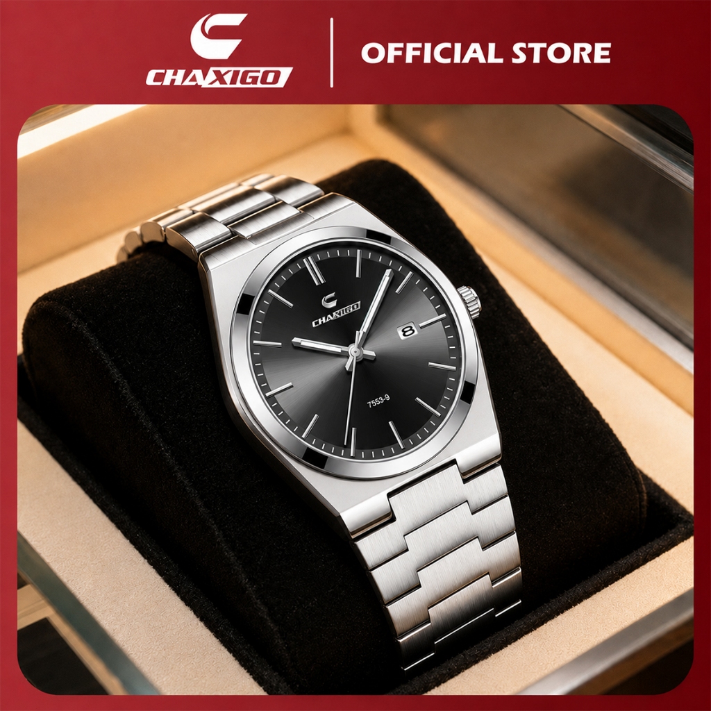 CHAXIGO นาฬิกาผู้ชาย กันน้ำ 100% ดีไซน์พรีเมียม ตัวเรือนสแตนเลส แสดงวันที่ สไตล์ธุรกิจ พร้อมส่ง 7553-9