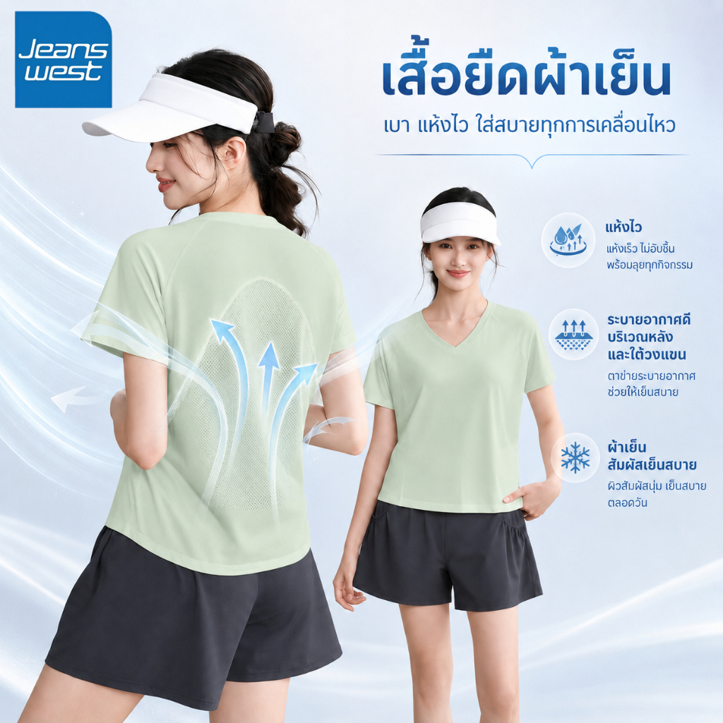 Jeanswest ผู้หญิงระบายอากาศยืดหยุ่นเร็วแห้งเสื้อยืดกันแดดกีฬาแขนสั้นด้านบน UPF50+ S-2XL