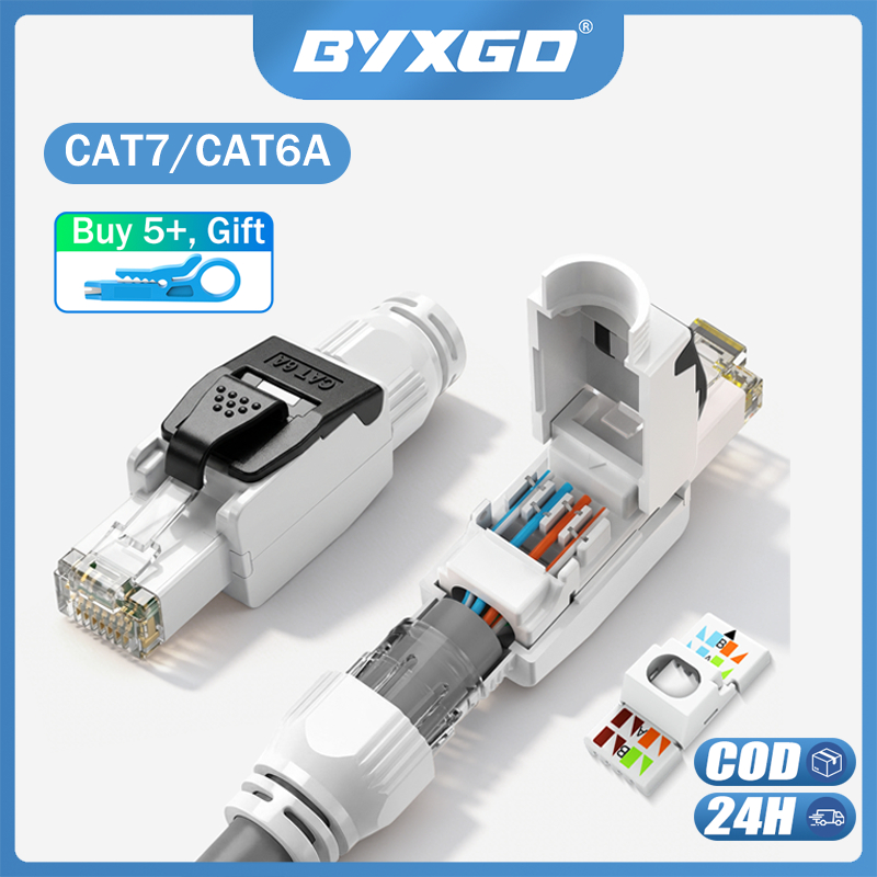 BYXGD หัวต่อ RJ45 แบบไม่ต้องใช้เครื่องมือ สำหรับสายติดตั้ง CAT7 CAT6A CAT6 ปลั๊กเครือข่าย แบบประกอบหน้างาน ไม่ต้องใช้เครื่องมือ ปลั๊กโมดูลาร์แบบมีฉนวนกันสัญญาณรบกวน