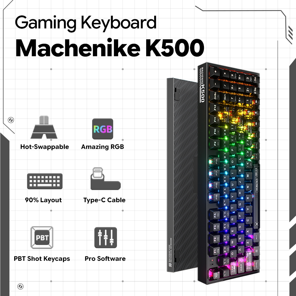 Machenike K500 B94 คีย์บอร์ดแบบมีสาย, ปุ่มกดโปร่งแสงสีดํา, Hot-Swappable, RGB Backlit, คีย์บอร์ดเกม 