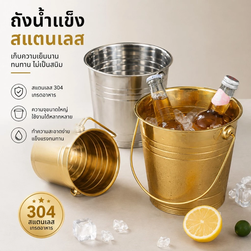 ✨ส่งจากไทย✨ถังน้ำแข็งสแตนเลส พกพาสะดวก ถังแช่เหล้าหนาพิเศษ สำหรับบาร์ ร้านอาหาร เก็บความเย็น ทนทาน
