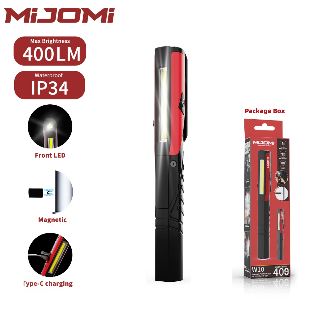 MIJOMI W10 ไฟปากกา LED แบบชาร์จไฟได้ 400 Lumens Dual Source LED & COB Mini น้ําหนักเบากระเป๋า EDC ไฟฉาย, กันน้ํากลางแจ้งพร้อมฐานแม่เหล็กแรงสูงสําหรับตรวจสอบ, งาน, ซ่อม