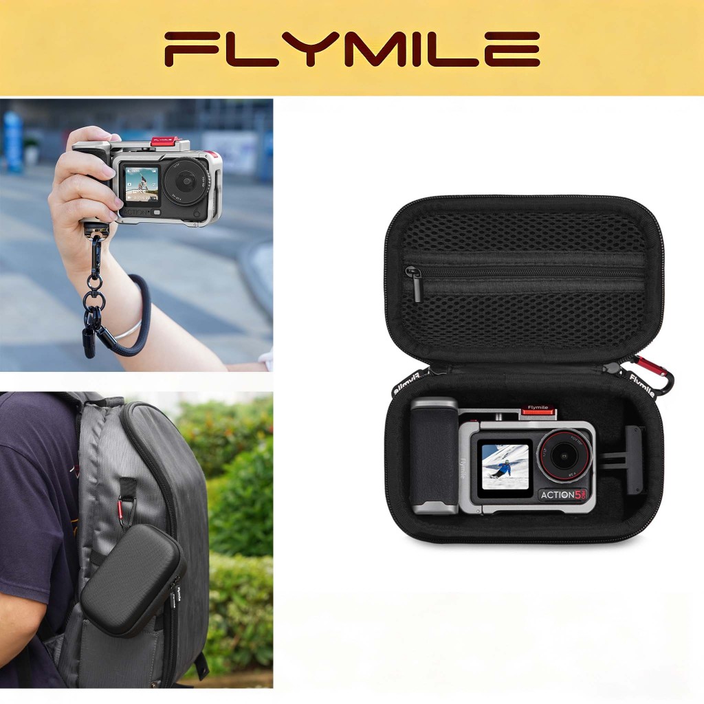 Flymile โลหะป้องกันกรณีกระเป๋าเก็บสําหรับ DJI Action 6 ชุดอุปกรณ์เสริมกันกระแทกและแบบพกพาสามารถถือไฟ