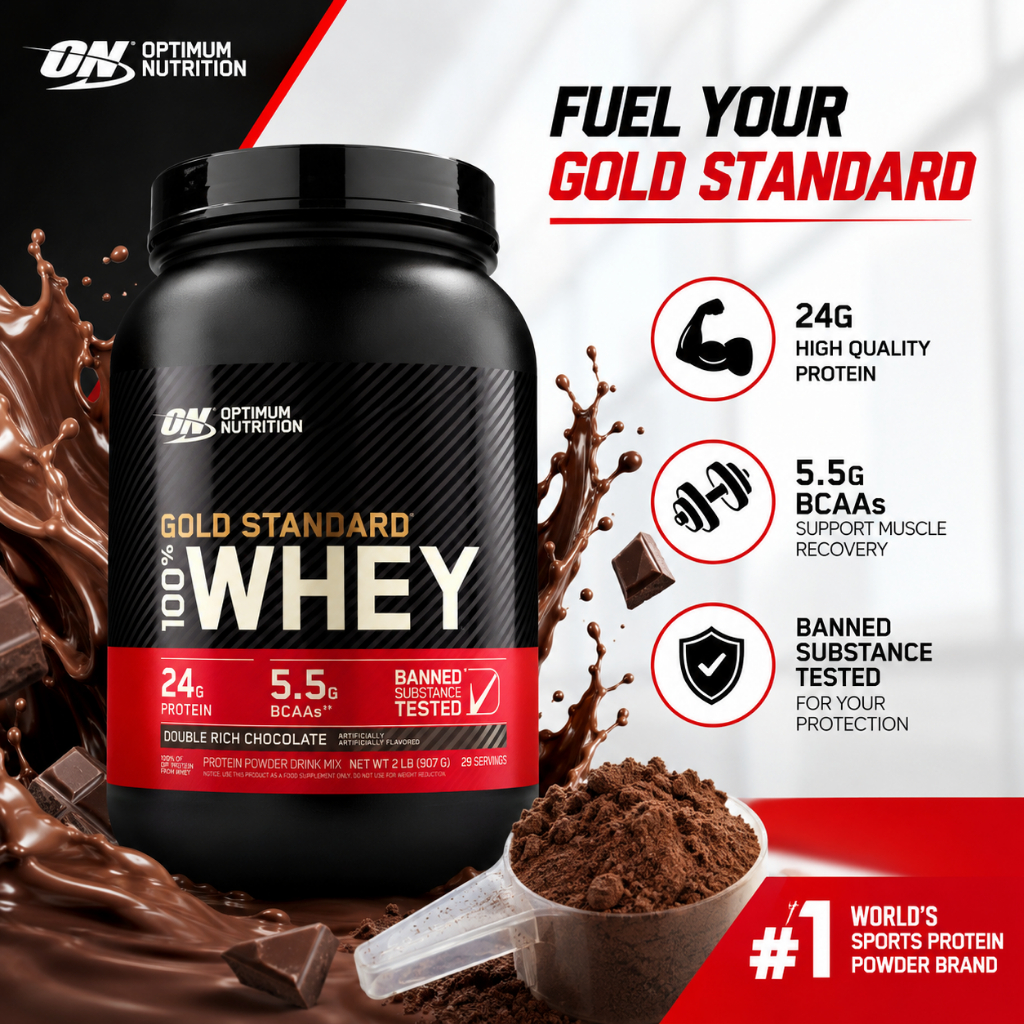 Optimum Nutrition Gold Standard 100% Whey Double Rich Chocolate เวย์โปรตีน 24g โปรตีน 5.5g BCAA สร้างกล้ามเนื้อ ฟื้นฟูร่างกายหลังออกกำลังกาย