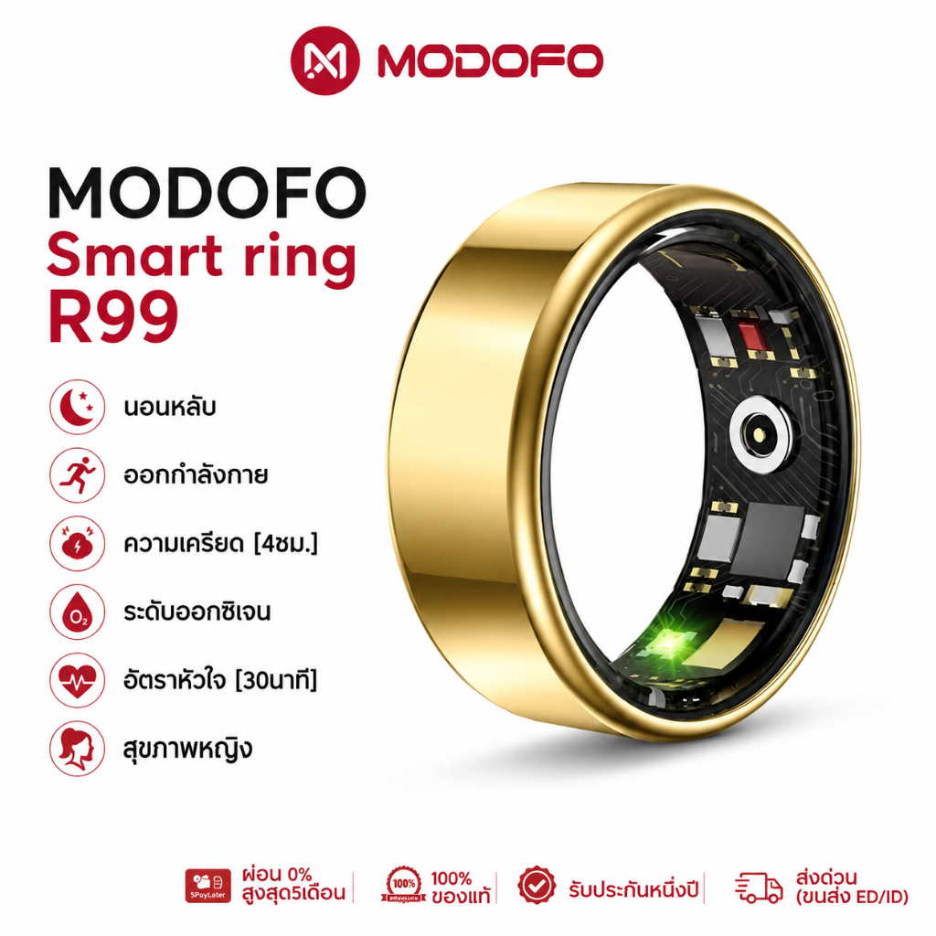 MODFO R99 Smart Ring แหวนอัจฉริยะ แหวนติดตามสุขภาพ วัดชีพจร และนอนหลับ กันน้ำ IP68 ออกซิเจนในเลือด