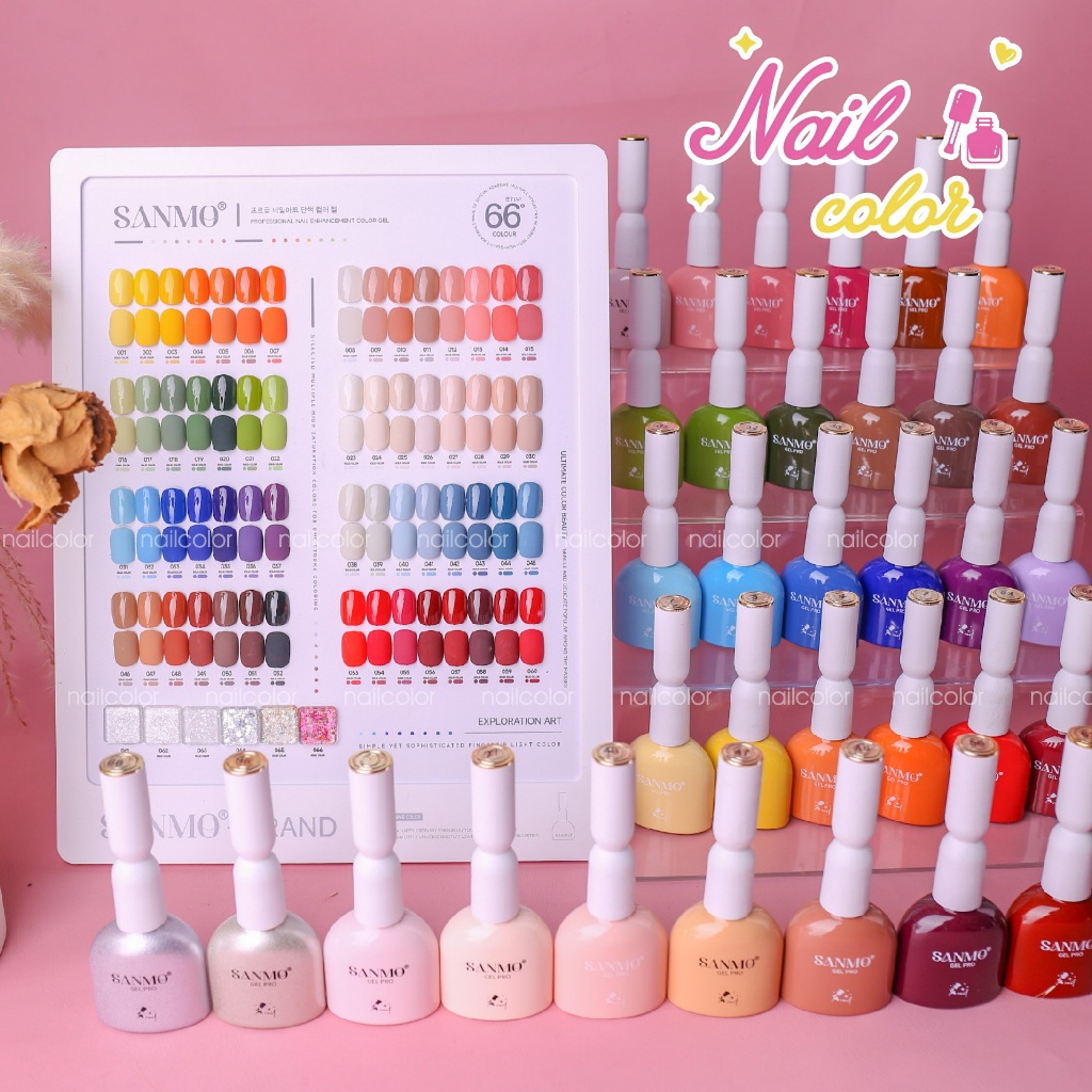 SANMO ชุดเจลทาเล็บสีพื้น 66 สีครบชุด ครอบคลุมโทนสีมาการอง โทนเย็น โทนอบอุ่น และสีแดงคลาสสิก ความอิ่มตัวของสีสูง