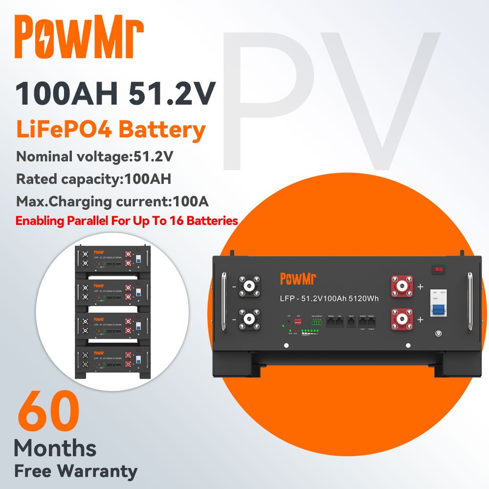 PowMr LiFePO4 Battery 51.2V 100Ah 5120Wh 6000 Cycles 100A BMS Home Solar Energy Storage Can Stack 4 