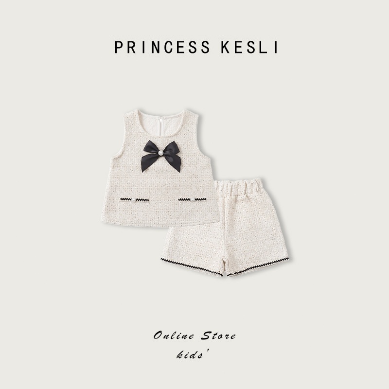 Princess Kesli ชุดเซ็ทเด็กผู้หญิง สไตล์เกาหลี สไตล์เกาหลี ประดับด้วยโบว์ ผ้าทวีด แขนกุด เสื้อเด็กผู้หญิง กางเกงขาสั้นเด็กผู้หญิง 1-9ปี