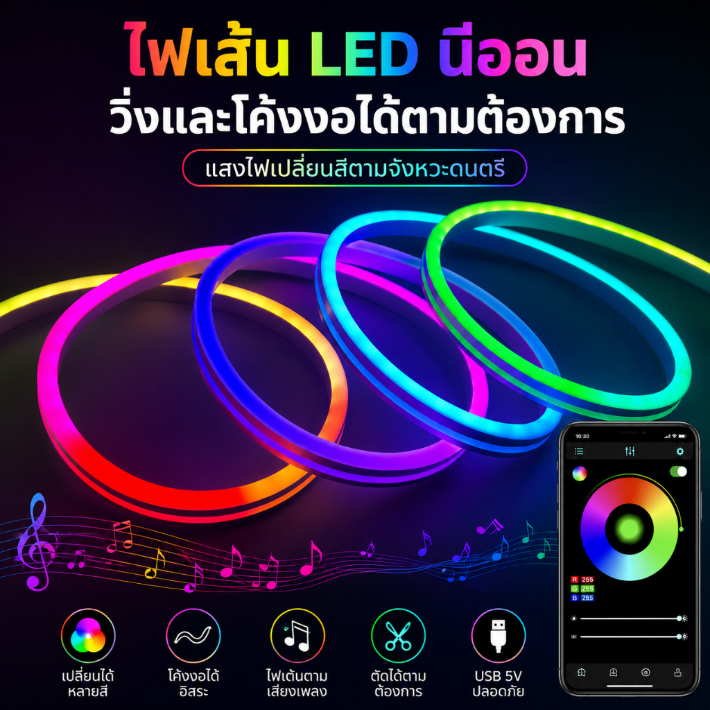 รับประกัน แถบไฟนีออน RGB LED 5V อัจฉริยะ ควบคุมผ่านบลูทูธแอป แสงสีแฟนตาซี เอฟเฟกต์ไหลแบบสายรุ้ง ความยาว 5 เมตร IP67