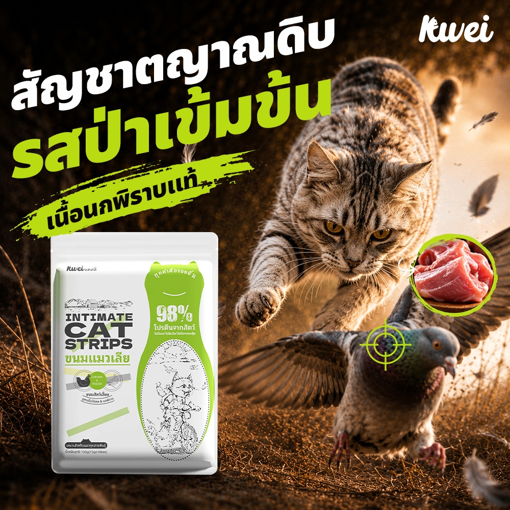 [พร้อมส่ง]  ขนมแมวเลีย ลูกนกพิราบ & ไก่ 15g x 10 ซอง KWEI