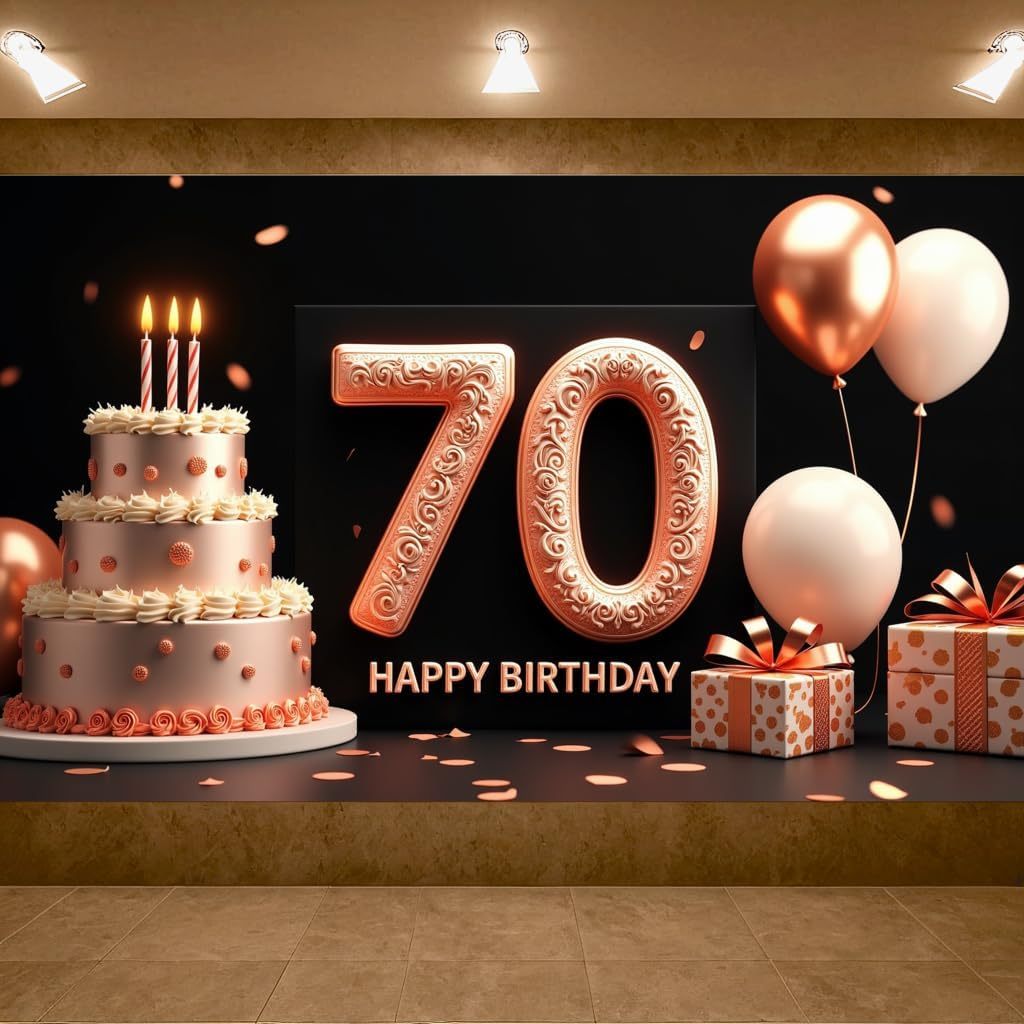 70th Happy Birthday Party แบนเนอร์ฉากหลังสําหรับผู้หญิงสีดํา Rose Gold 70th วันเกิดแบนเนอร์พื้นหลังส