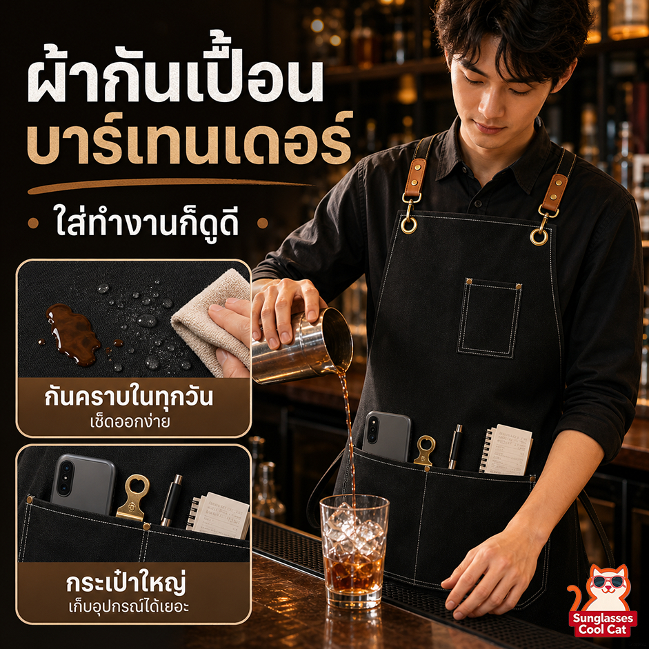 ผ้าหนา ผ้ากันเปื้อน เกรดพรีเมี่ยม กันน้ำ กันน้ำมัน สำหรับร้านกาแฟ ร้านอาหาร งานโรงแรม
