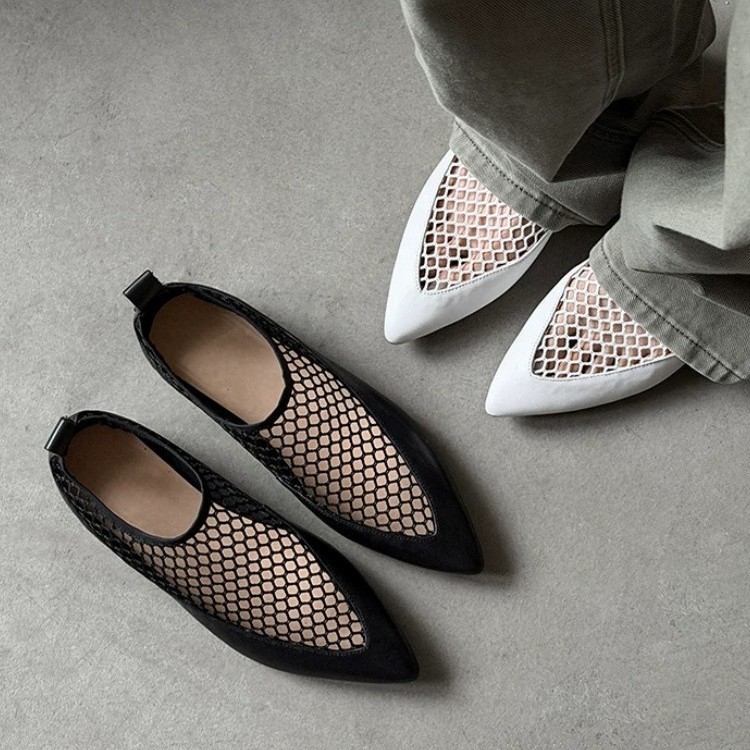 Maixi Mesh Pointed Toe รองเท้าแตะส้นแบนสําหรับผู้หญิงระบายอากาศบนรองเท้าแตะลําลองแฟชั่น