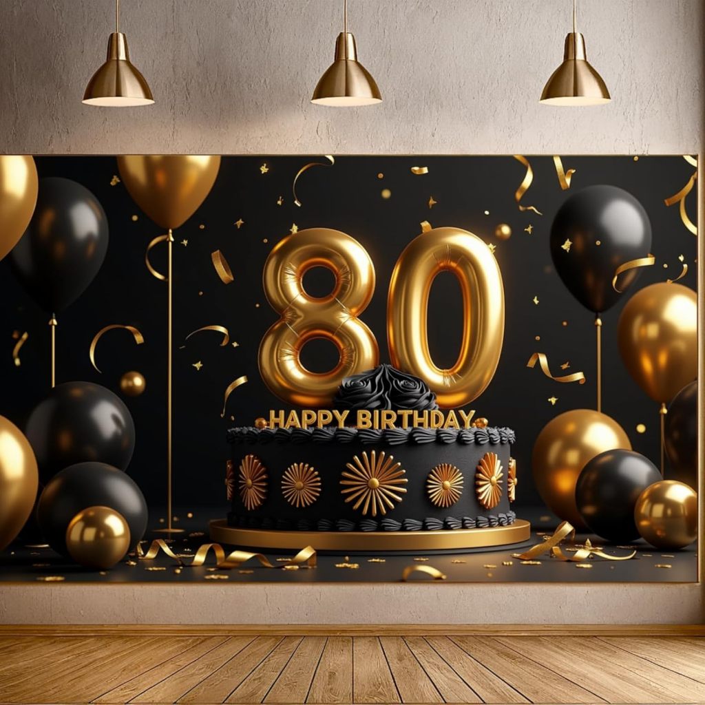 80th Happy Birthday Party แบนเนอร์ฉากหลังสําหรับผู้ชายหญิงสีดําทอง 80th วันเกิดแบนเนอร์ฉากหลังสําหรั