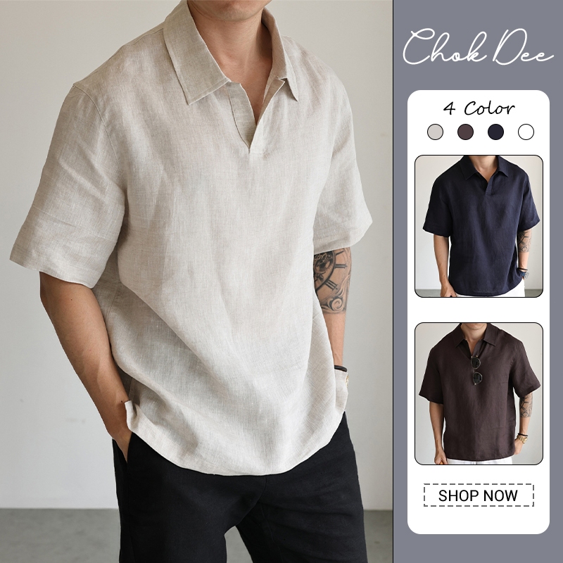 พื้นผิวเสื้อโปโลผู้ชายแขนสั้นด้านบนครึ่ง Placket Spread Collar ผ้าน้ําหนักเบาหลวม Breathable ฤดูร้อน Casual Commute สวมใส่
