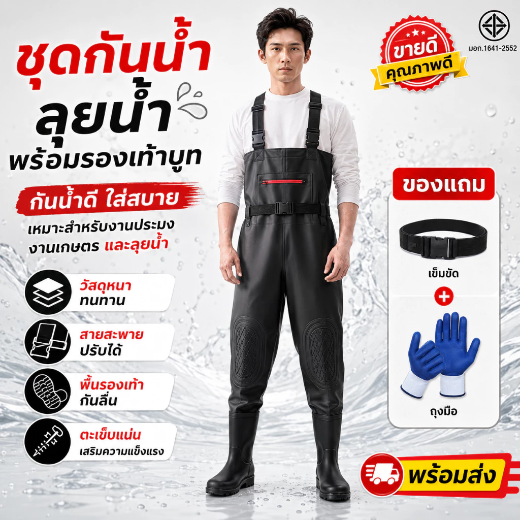 😍ของแถมเพิ่มเติม😍ชุดเอี๊ยมกันน้ำ PVC พร้อมรองเท้าบู๊ท ชุดเอี๊ยมกันน้ำพร้อมรองเท้าบูทในตัว สายสะพายปรับได้ พื้นกันลื่น สำหรับตกปลา งานเกษตร และงานลุยน้ำ