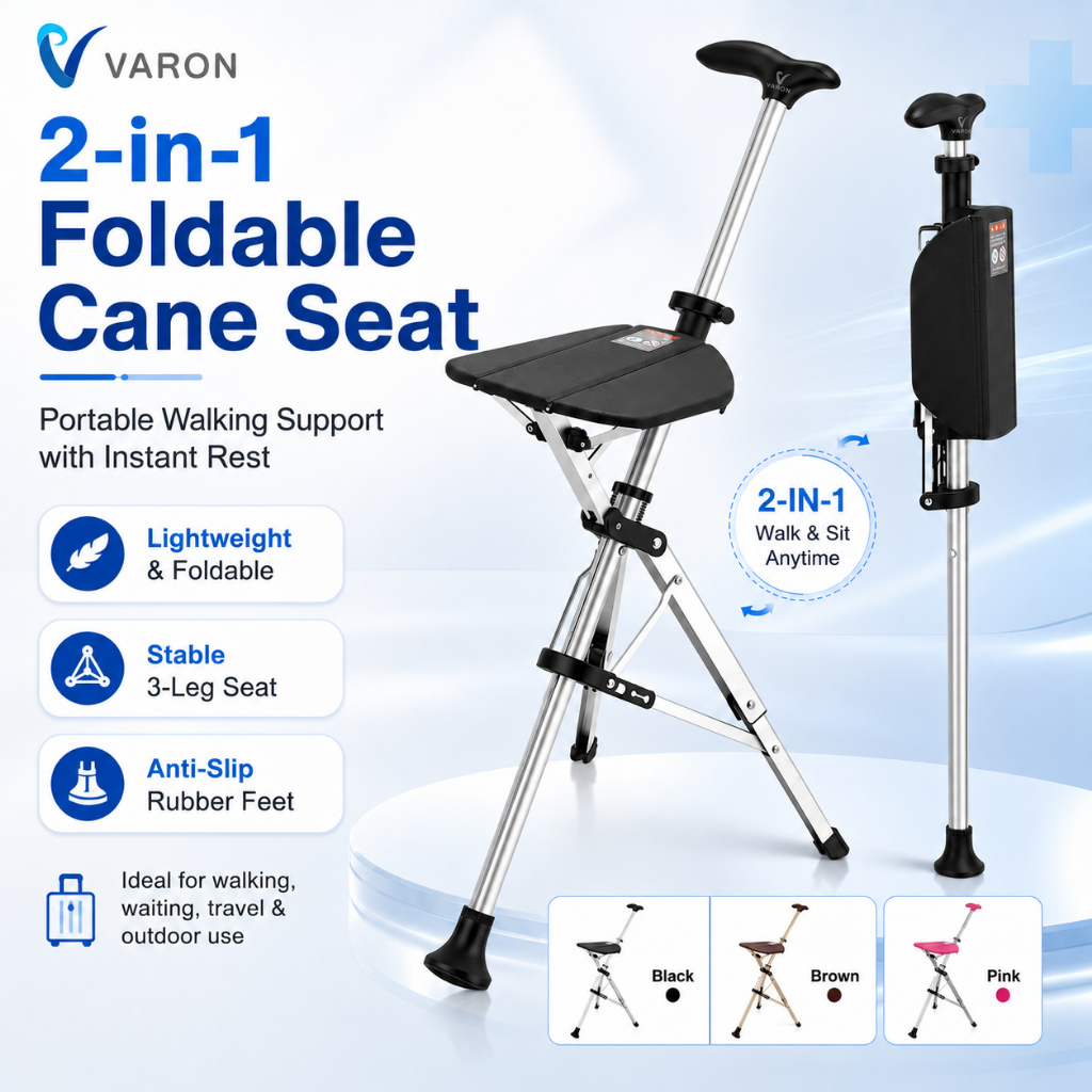 【Local Warehouse】VARON 2-in-1 Walking Stick Seat Lightweight Adjustable Cane Chair for Elderly Outdoor Travel Portable Rest