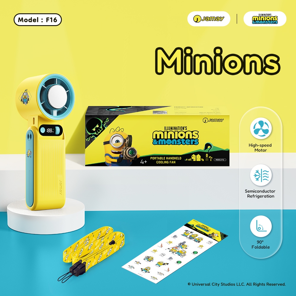 【JAMAYx Minions】F16MNS พัดลมมือถือแบบพับได้ ชาร์จไฟผ่าน USB หมุนได้ 135° ความเร็วสูง ประหยัดพลังงาน พกพาสะดวก ขนาดเล็ก พร้อมแบตเตอรี่ความจุสูง 6000mAh