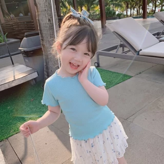 Princess kesli เสื้อยืดแขนสั้นเด็ก ผ้านุ่ม สีพื้น ใส่สบาย เสื้อยืดมินิมอล สําหรับเด็กผู้หญิง เสื้อสีฟ้าเด็กผู้หญิง 2-12 ปี
