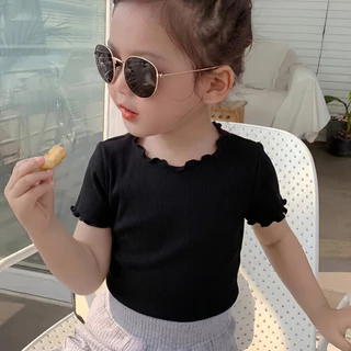 Princess kesli เสื้อยืดแขนสั้นเด็ก ผ้านุ่ม สีพื้น ใส่สบาย เสื้อยืดมินิมอล สําหรับเด็กผู้หญิง เสื้อสีฟ้าเด็กผู้หญิง 2-12 ปี