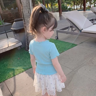 Princess kesli เสื้อยืดแขนสั้นเด็ก ผ้านุ่ม สีพื้น ใส่สบาย เสื้อยืดมินิมอล สําหรับเด็กผู้หญิง เสื้อสีฟ้าเด็กผู้หญิง 2-12 ปี