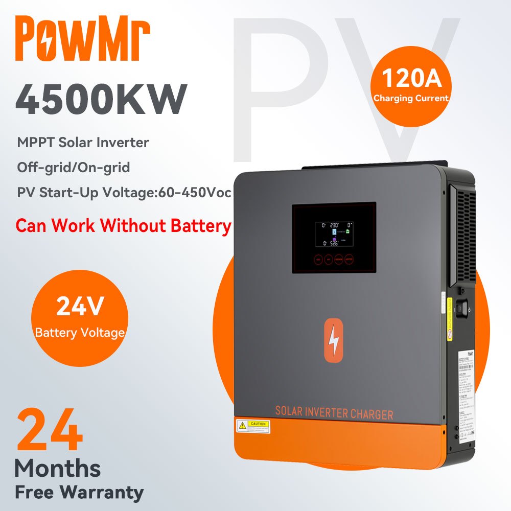 PowMr MPPT 4.5KW Off-grid Solar Hybrid Inverter ในตัว 100A Solar Charge Controller รองรับระบบ 24 V PV Max Input 55-500Voc ต้องเชื่อมต่อแบตเตอรี่ 2 ปี
