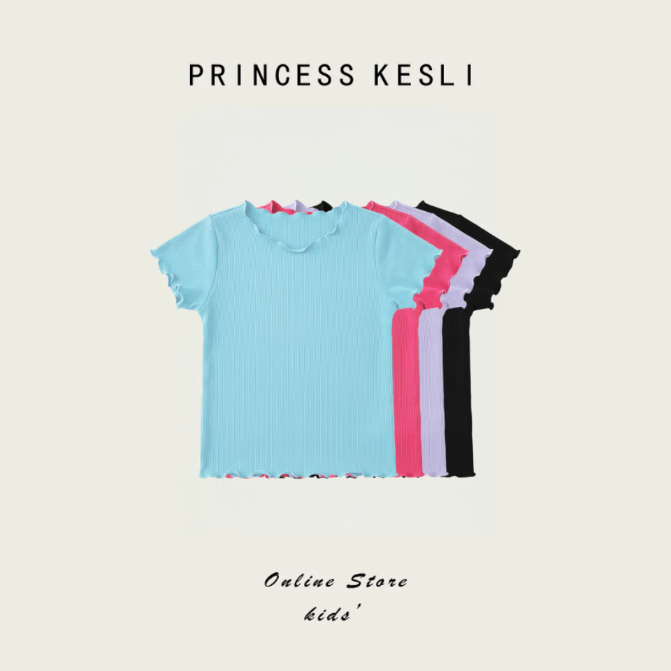Princess kesli เสื้อยืดแขนสั้นเด็ก ผ้านุ่ม สีพื้น ใส่สบาย เสื้อยืดมินิมอล สําหรับเด็กผู้หญิง เสื้อสีฟ้าเด็กผู้หญิง 2-12 ปี