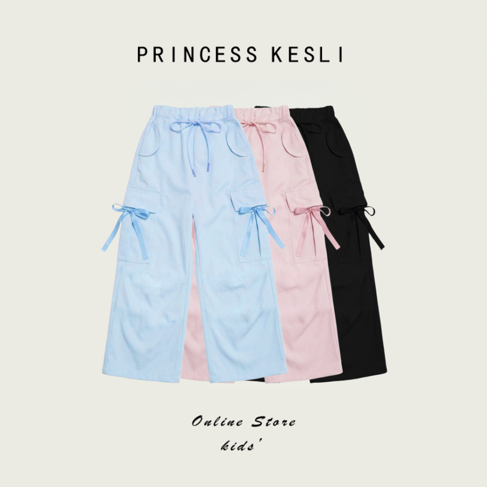 Princess Kesli กางเกงคาร์โก้เด็ก ขายาวกว้าง สไตล์กีฬา สไตล์เกาหลี กางเกงกางเกงเด็กผู้หญิง 2-12 ปี