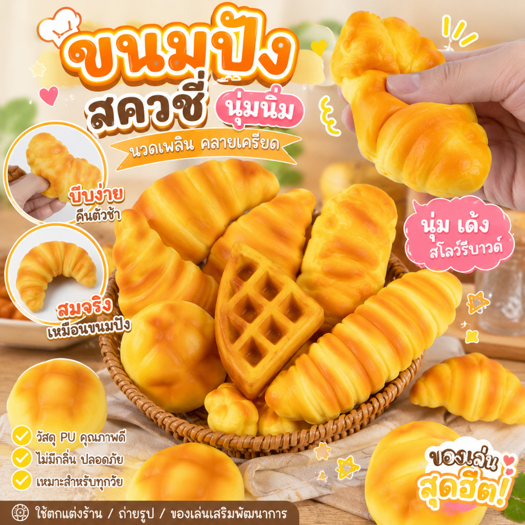 สควิชชี่ครัวซองต์ ขนมปังเสมือนจริง PU คืนตัวช้า ของเล่นบีบคลายเครียด นุ่มเหมือนจริง ของเล่นแก้เครียด
