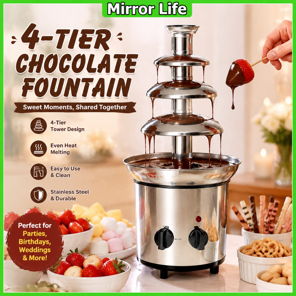 Mirror-Life 4 ชั้นช็อคโกแลต Fountain น้ําตกละลายเครื่อง 220V สแตนเลสช็อกโกแลต DIY Mini น้ําตก Hotpot