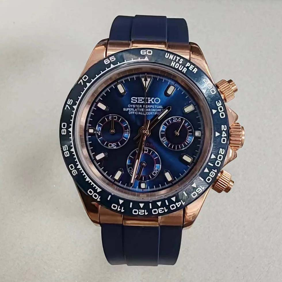Rose Gold Blue Bezel Watch 40mm Stainless Steel Watch Case + สายยางพร้อม VK63 Quartz Movement