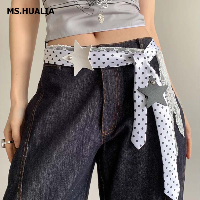 MS.HUALIA จัดส่งไวจากไทย!ผ้าพันคอและเข็มขัดลายจุด สไตล์ Y2K ของตกแต่งเอวสำหรับกางเกงยีนส์ สายรัดเอวลูกไม้ยาวสไตล์เรโทร