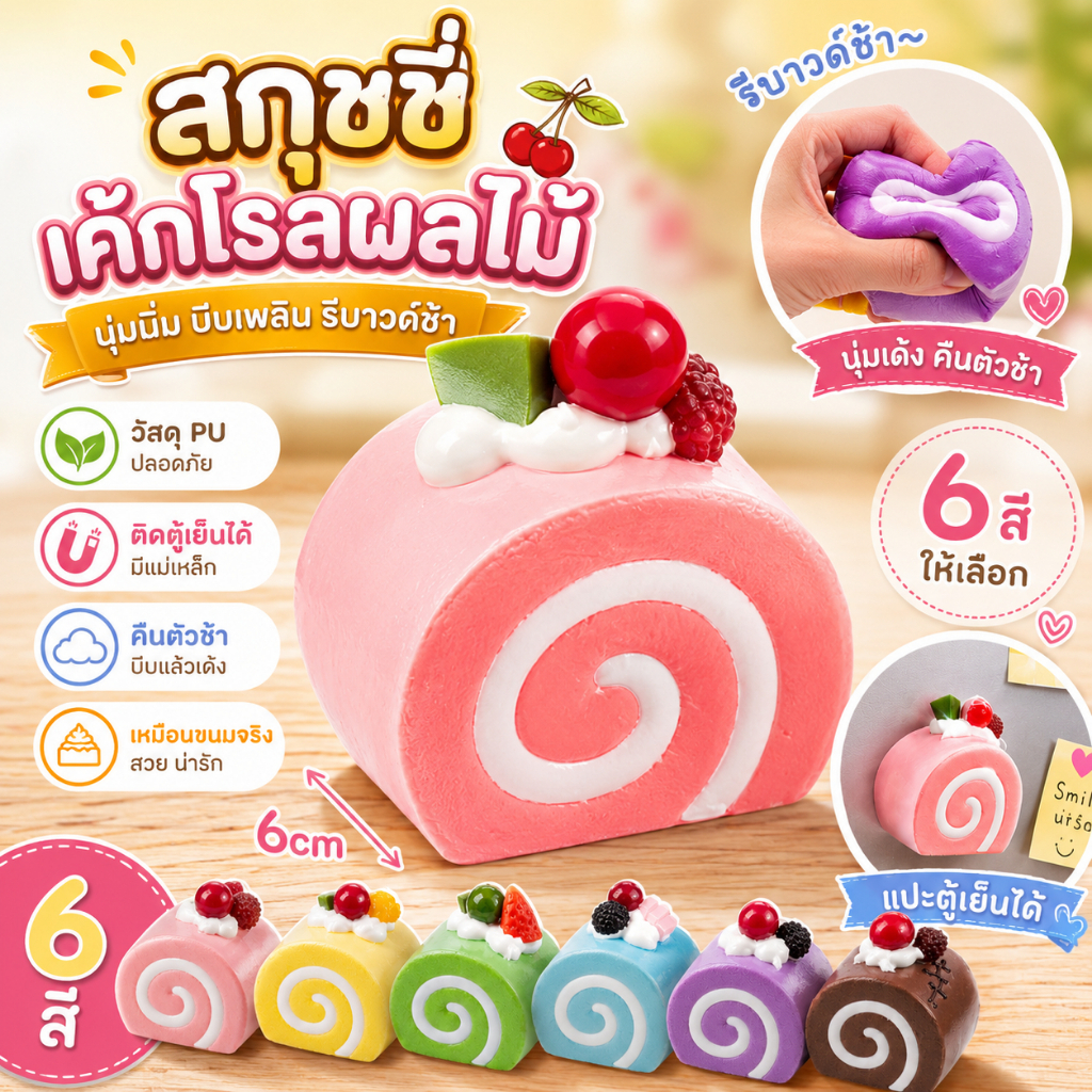 Slow-Rising PU Fruit Cream Swiss Roll Squishy – ของเล่นคลายเครียดที่เหมือนจริง