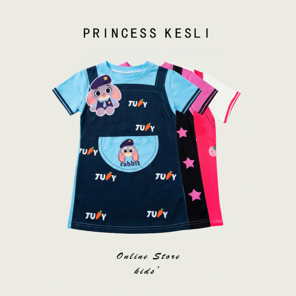Princess Kesli ชุดแฟชั่นเด็กผู้หญิง เดรสแขนสั้น ลำลอง ใส่สบาย ลายการ์ตูน ชุดเด็ก สไตล์เกาหลี 1-9 ปี เสื้อวันแม่เด็ก