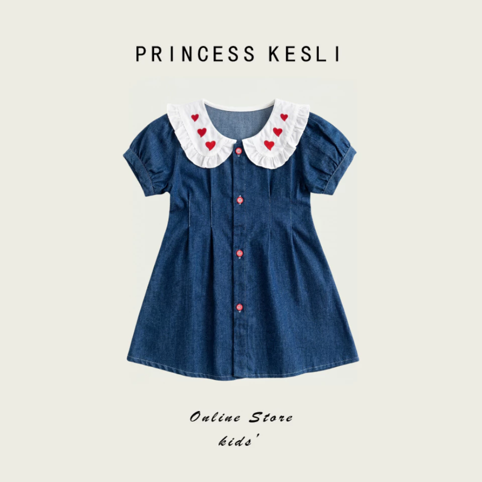 Princess Kesli ชุดเดรสเด็กผู้หญิง คอบัว กระโปรงสีฟ้า ชุดกระโปรงยีนส์ ชุดเดรสยีนส์เด็ก 1-12 ปี เสื้อวันแม่เด็ก