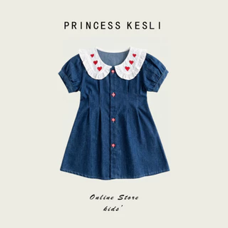 Princess Kesli ชุดเดรสเด็กผู้หญิง คอบัว กระโปรงสีฟ้า ชุดกระโปรงยีนส์ ชุดเดรสยีนส์เด็ก 1-12 ปี เสื้อวันแม่เด็ก
