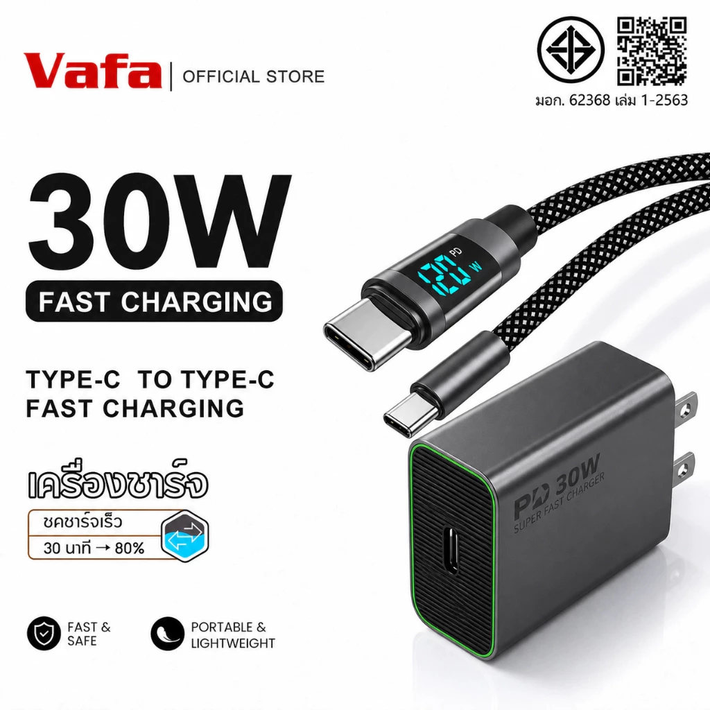 สายสานดำ+อะแดปเตอร์เทา PD30W ｜จอแสดงสถานะกันรอย｜รับประกัน 1 ปี