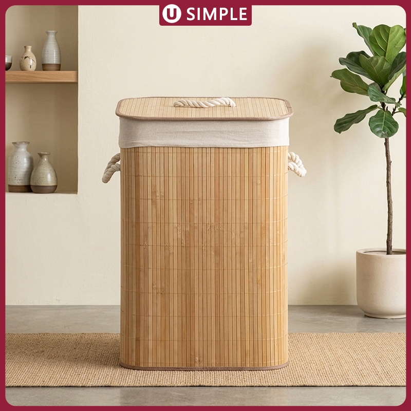 72 ลิตร ตะกร้าผ้าพับได้ ตะกร้าผ้าไม้ไผ่ มีฝาปิด สไตล์มินิมอล MUJI ตะกร้าใส่ผ้า งานสาน