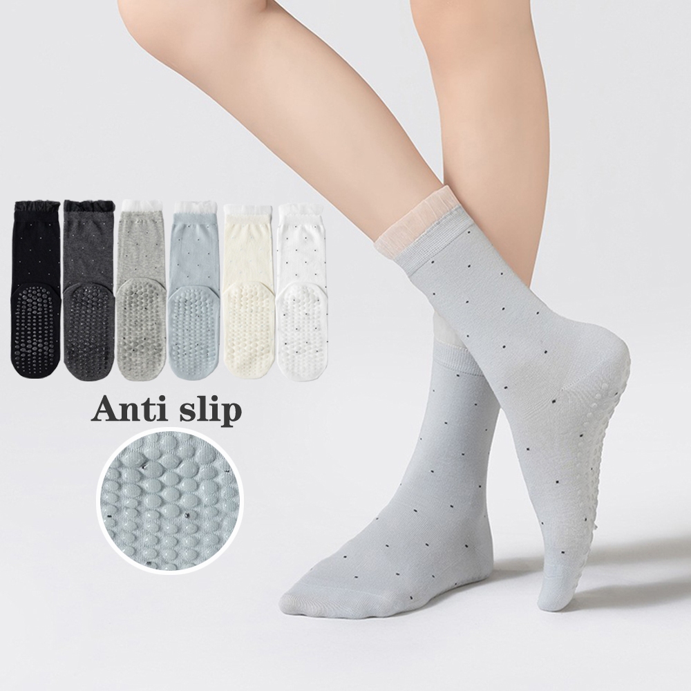 จุดเล็กๆสด tulle ขอบโยคะพิลาทิส grip ถุงเท้าสําหรับผู้หญิง Anti Slip บาง Breathable Gym ในร่มฟิตเนสชั้นกีฬาลูกวัวถุงเท้า