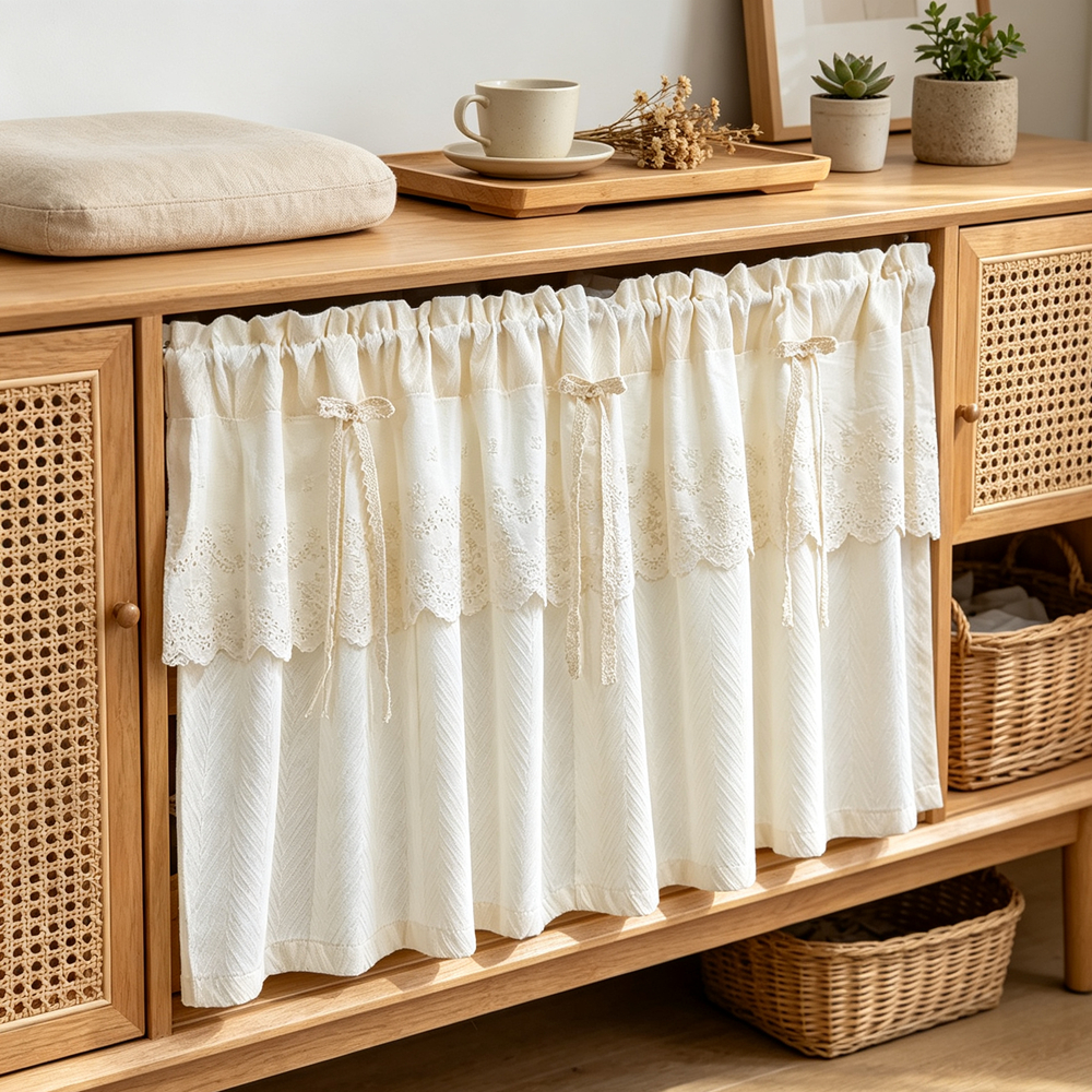 Cottage Beige Geometric Sheer ผ้าม่านสั้น Valance พร้อม รูปที่ 2