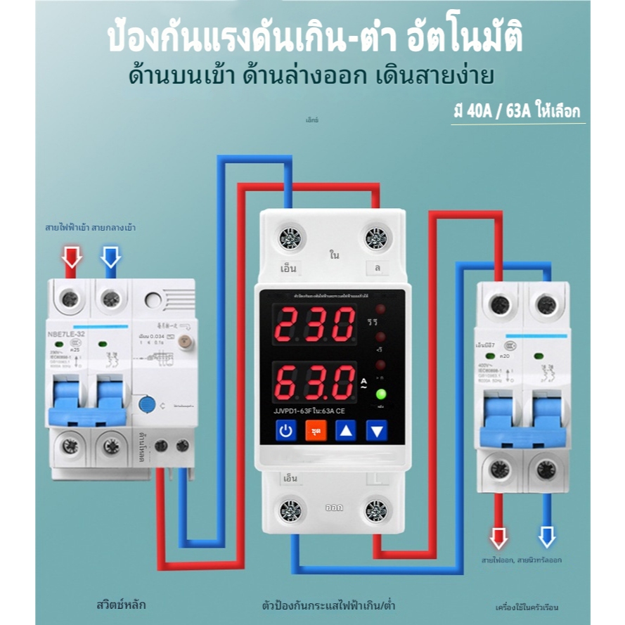 40A/63A อุปกรณ์ป้องกันแรงดันไฟฟ้าเกินต่ำ ดิจิตอล อัตโนมัติคืนไฟ 230V ติดรางบ้านร้านค้า ปกป้องเครื่องใช้ไฟฟ้า