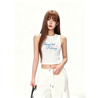 BOSSY เสื้อกล้ามสาว สไตล์อเมริกันวินเทจ ลายเพชรและตัวอักษร สไตล์แซ่บเซ็กซี่ ผ้าฝ้ายแท้ 100%#C+5848